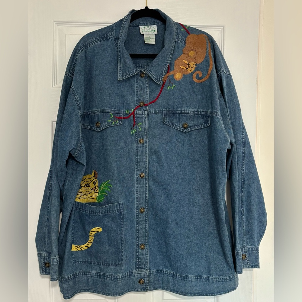 QUACKER FACTORY Blue Denim Jean Jacket 3X Jungle Animal Themed